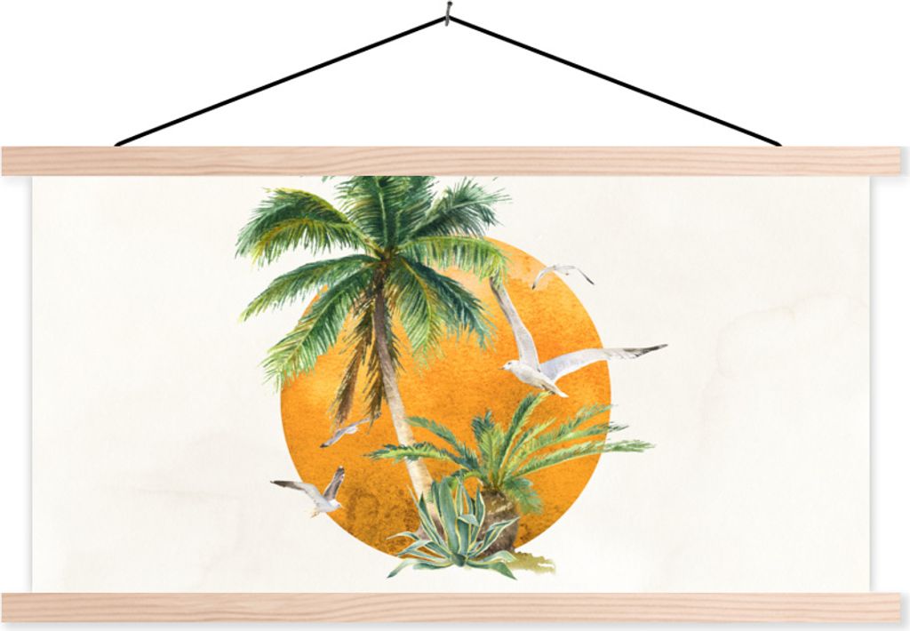 MuchoWow Textilposter Palme - Vogel - Strand 60x30 cm mit holzfarbenen Rahmen - Dekoration