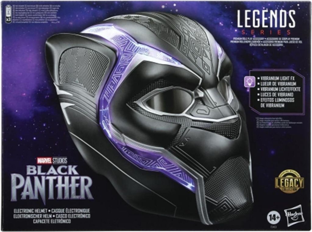 The image shows the retail packaging of a Black Panther electronic helmet.