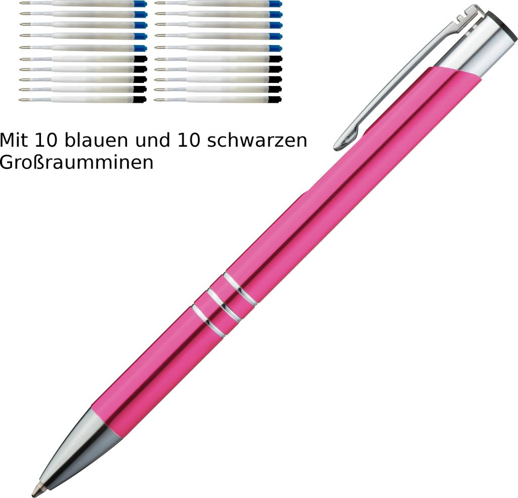10 Kugelschreiber aus Metall / je 10 schwarze + blaue Minen / Farbe: pink