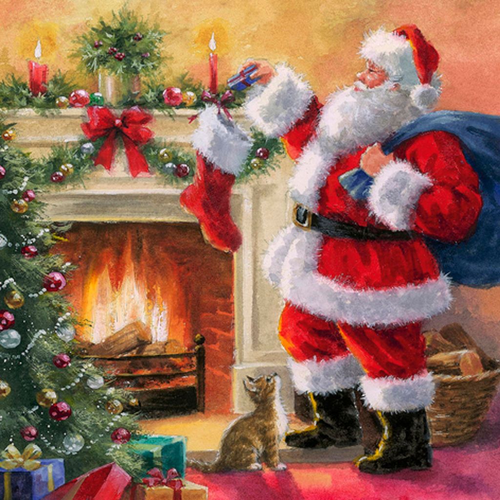 Servietten Papier 33x33cm Weihnachtsmann am Kamin Motiv 20 Stück Bunt