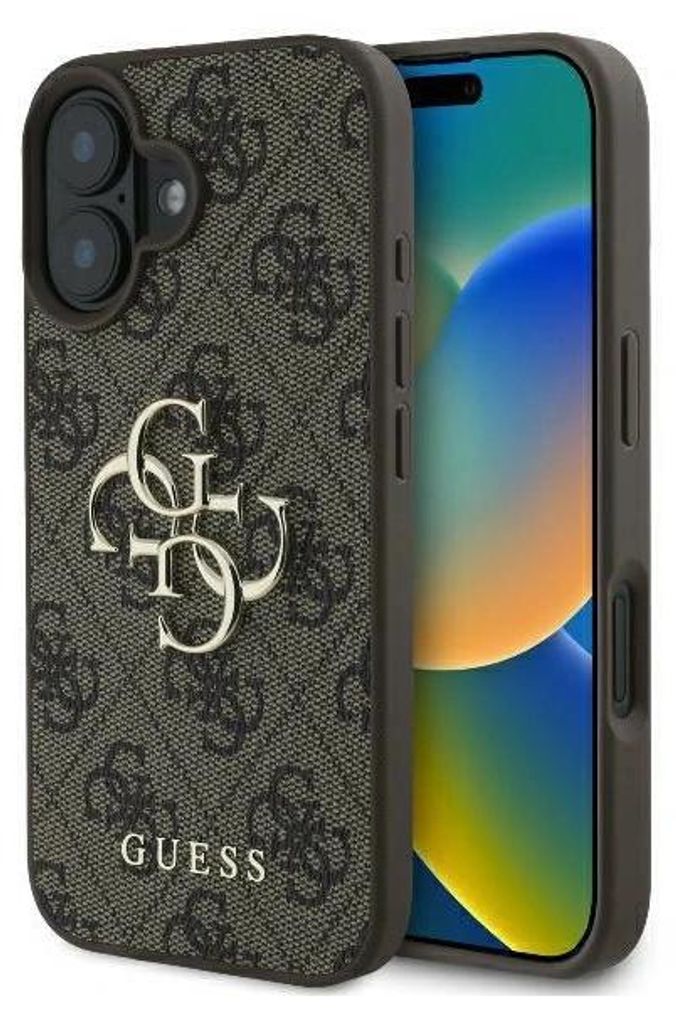 A close-up shot of a phone case with a repeating Guess logo pattern and a large Guess logo in the center. The phone is partially visible inside the case.