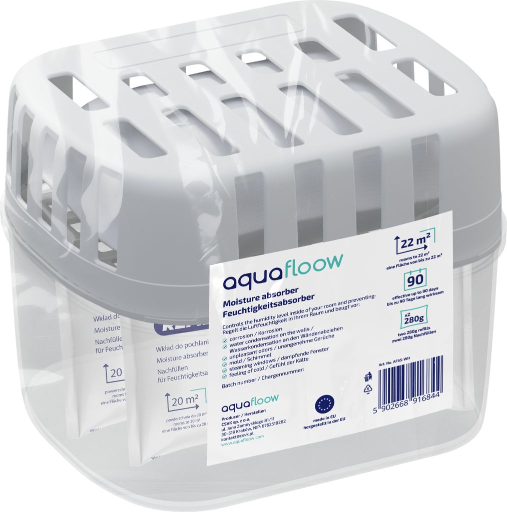 Aquafloow Luftentfeuchter Granulat Box - 1er Pack + 2x Nachfüllbeutel - Raumentfeuchter mit Auffangschale