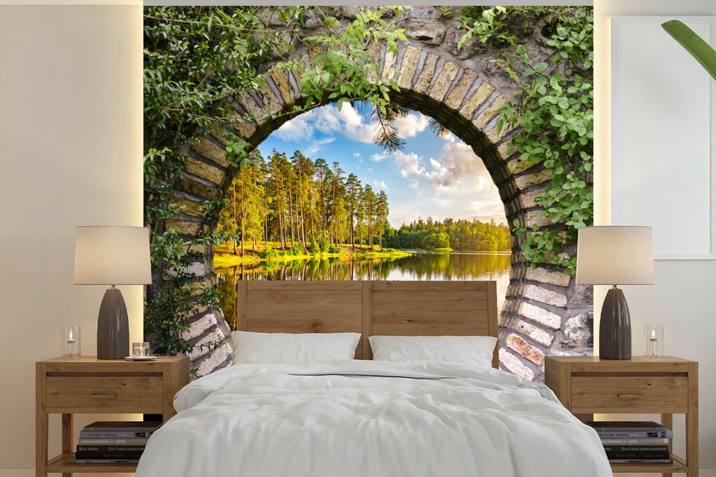 MuchoWow Fototapete für Wohnzimmer oder Schlafzimmer Wandtapete Vinyl Motivtapete Bäume - Wasser - Aussicht - 240x240 cm - Schlafzimmer-Tapete