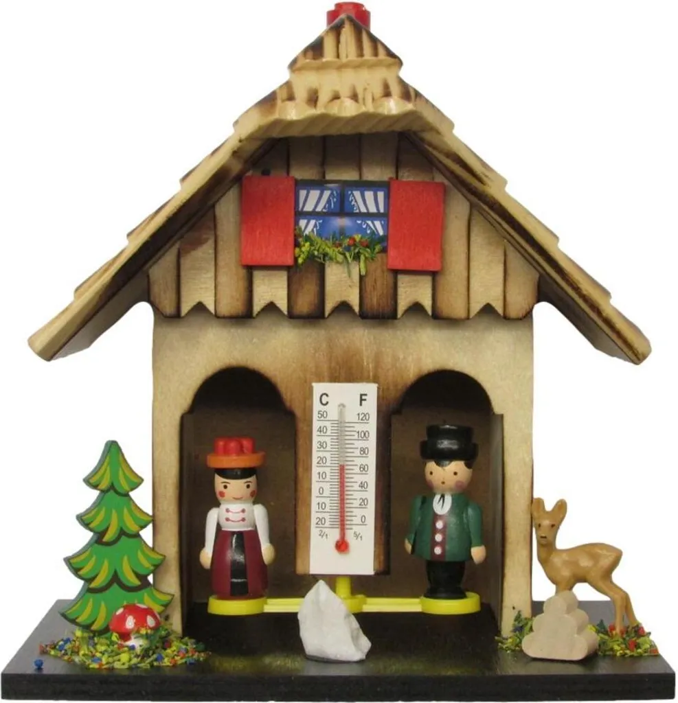 Station météo manuelle Engstler 90 : Chalet en bois avec thermomètre