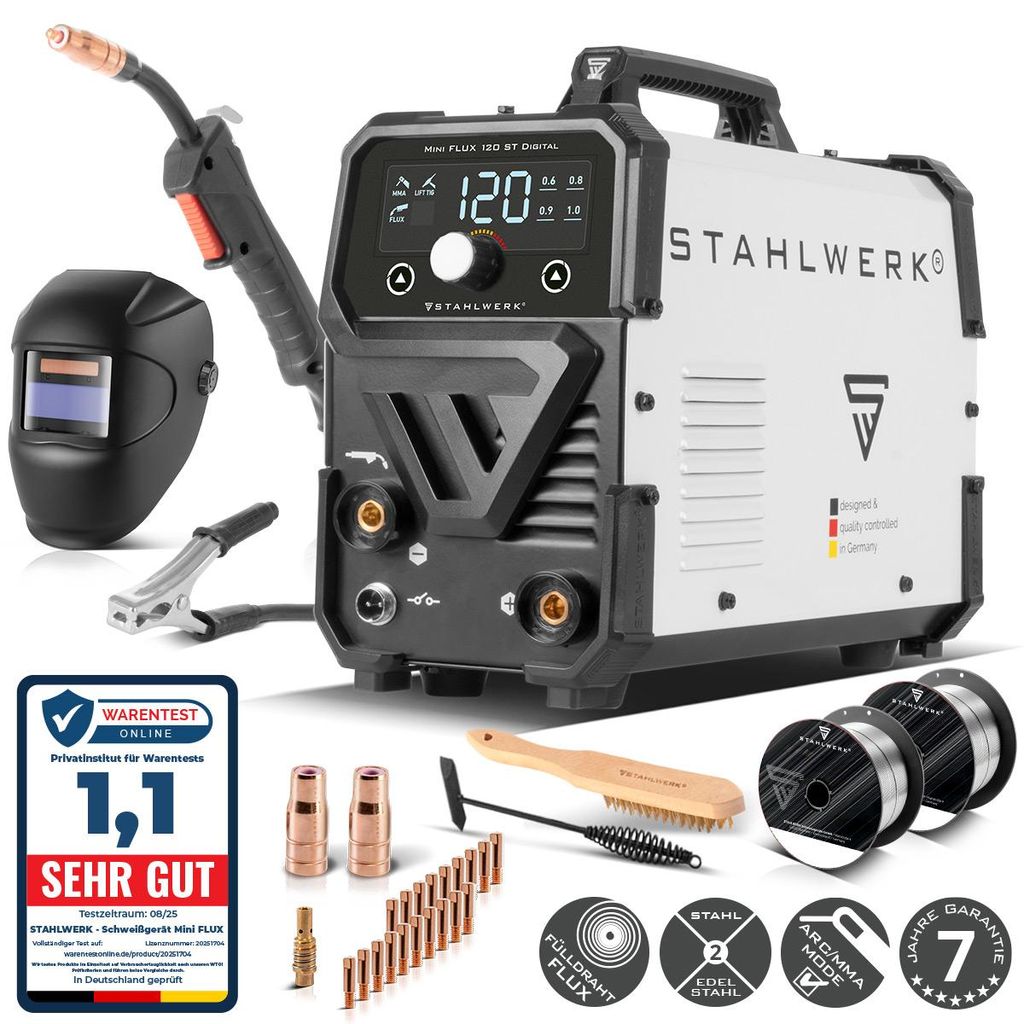 STAHLWERK Schweißgerät Mini FLUX 120 ST Digital – Produktbild  KI-generiertes Bild