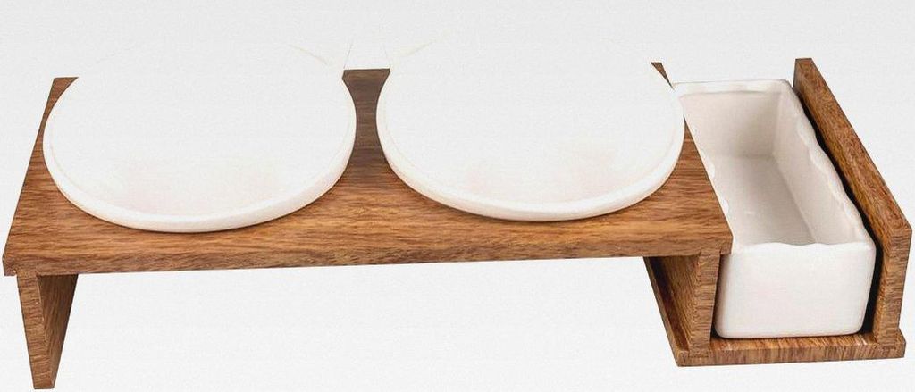 , Set mit 3 Keramikschalen für Katzen, Modell Stony Up, Ständer aus Polywood, 3 Schalen zum Essen, Trinken und Katzenminze, spülmaschinenfest, 2...