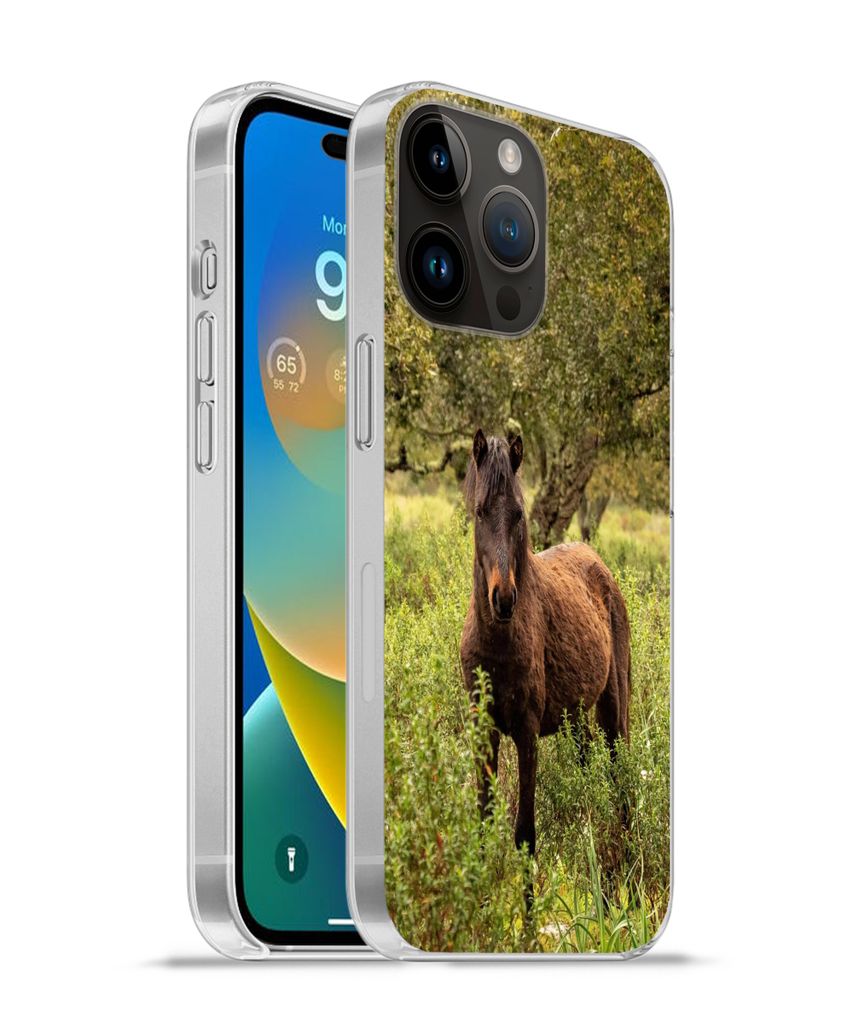 MuchoWow Handyhülle Schutzhülle Hülle für Apple iPhone 14 Pro - Softcase Pferd - Wald - Gras Silikon Softcase Handy Hülle - Umschlag