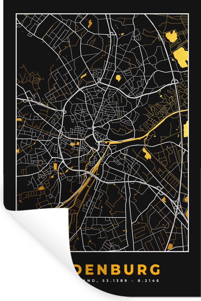 MuchoWow Wandtattoo Wandsticker Wandaufkleber Oldenburg - Deutschland - Gold - Stadtplan - Karte 60x90 cm Selbstklebend und Repositionierbar - St...