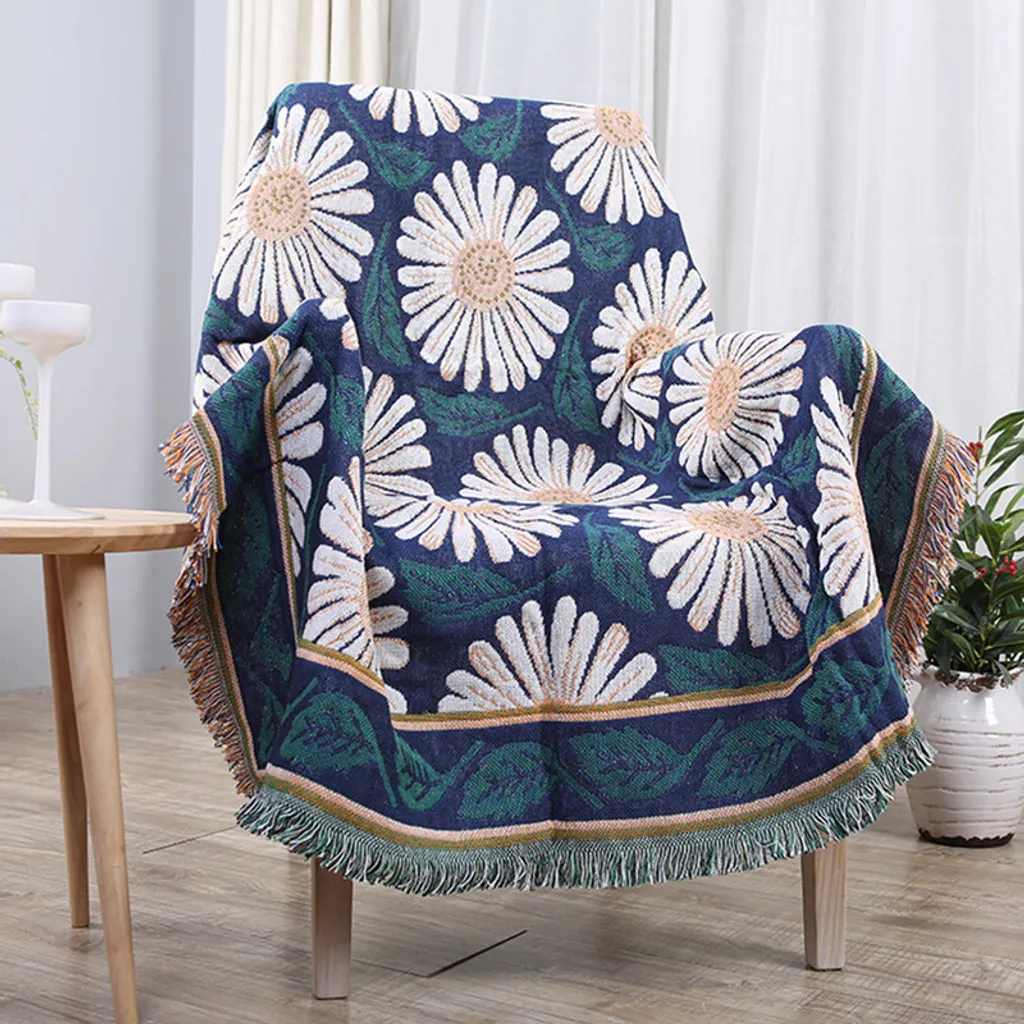 Couverture pour chaise et lit bleu marine à fleurs marguerite 90x210cm