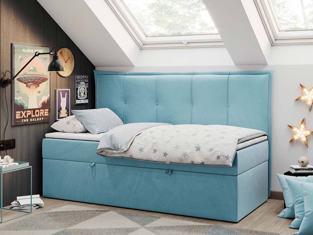 Boxspringbetten für Kinderzimmer, Jugendbett mit Matratze - BANCO - 90x200cm - Blau - H3