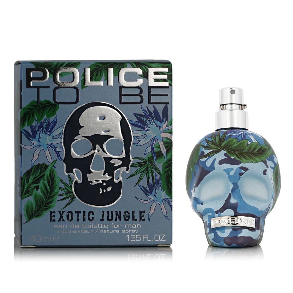 A product shot of a perfume bottle and its box, both featuring a skull design with jungle-themed graphics.