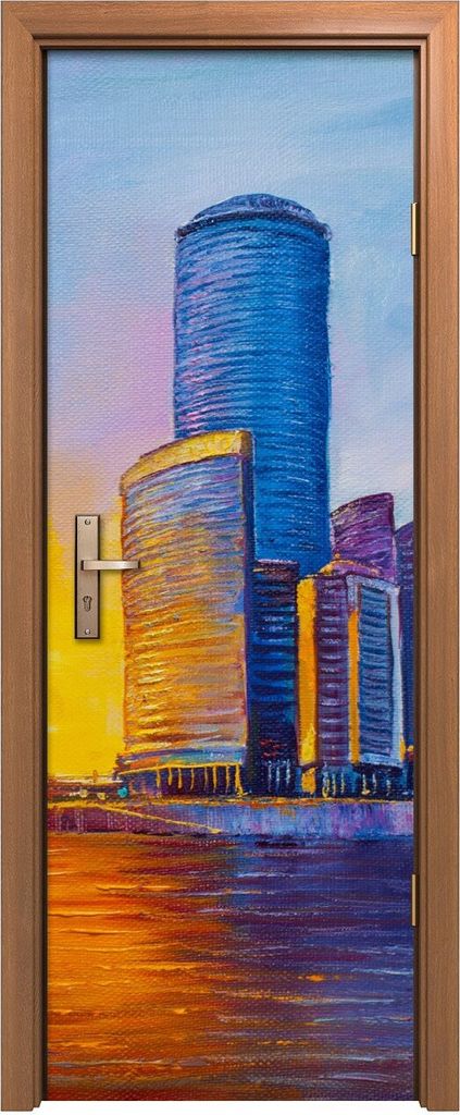 Türposter 70x200 cm Türaufkleber Türtapete Türfolie Klebefolie Wolkenkratzer Stadt Sonnenuntergang
