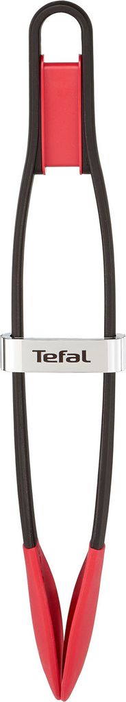 A pair of kitchen tongs with red handles and black arms, with the Tefal logo on a silver band.