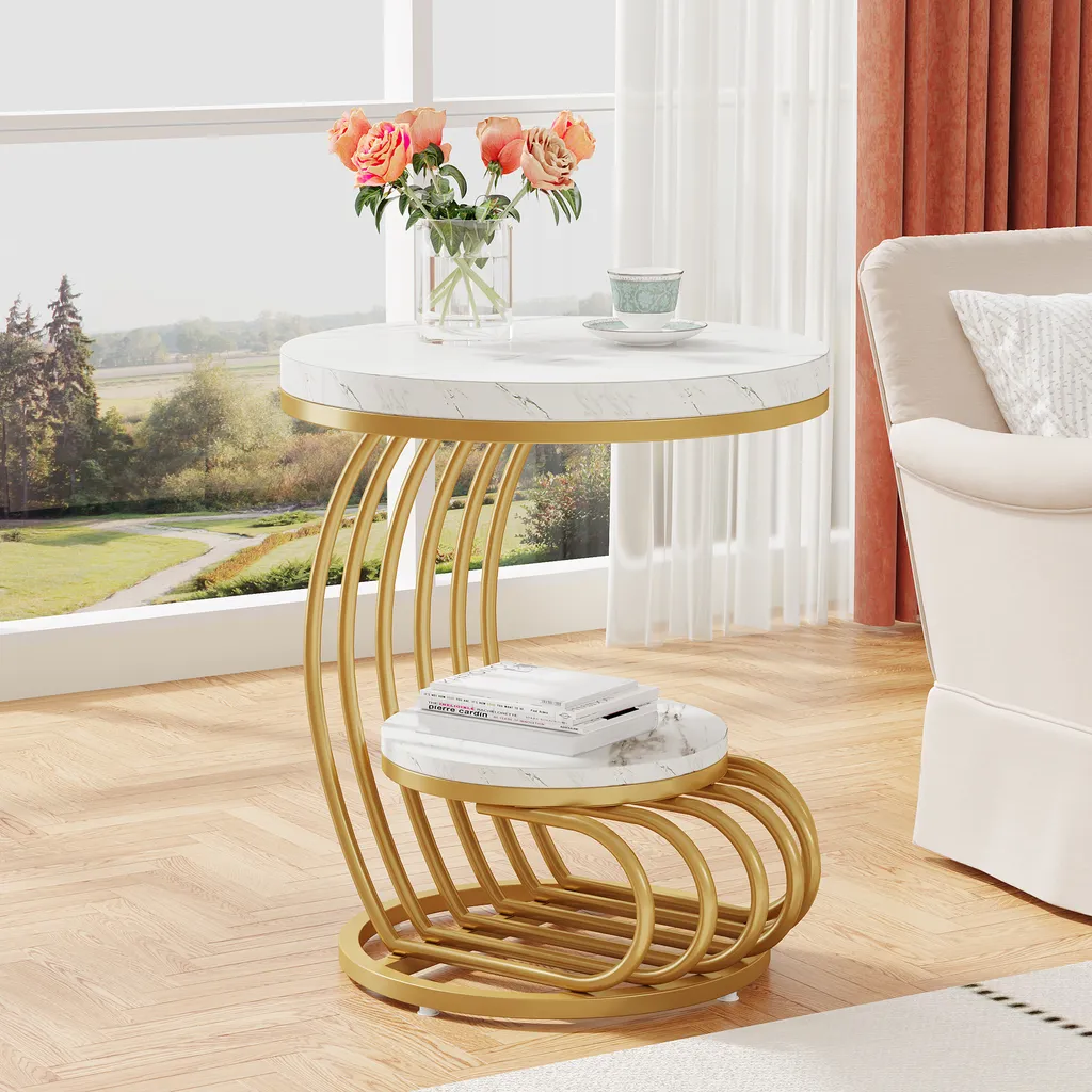 Table de Nuit Moderne Or et Blanc pour Chambre ou Salon Élégant