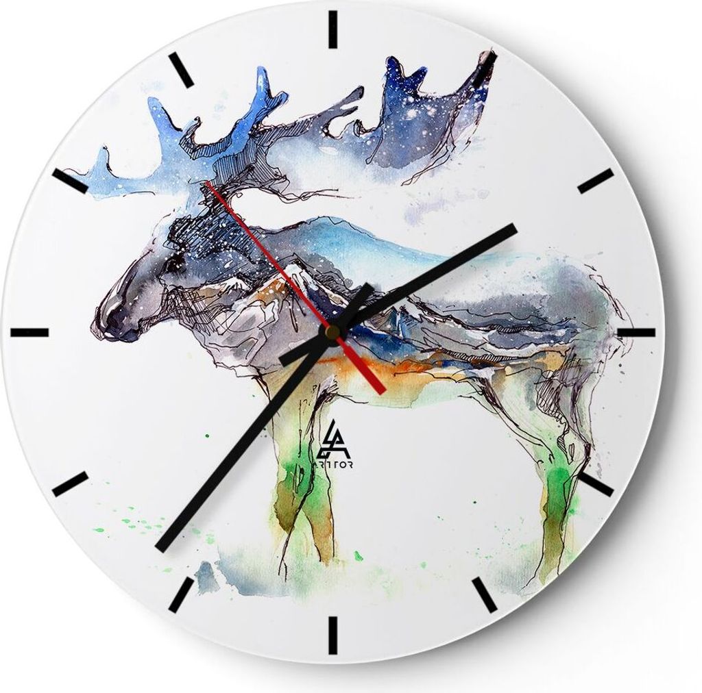 Wanduhr - Rund - Glasuhr - Moose Berge Winter illustration - 30x30cm - Schleichendes Uhrwerk - Lautlos - zum Aufhängen bereit - Dekoration Modern ...