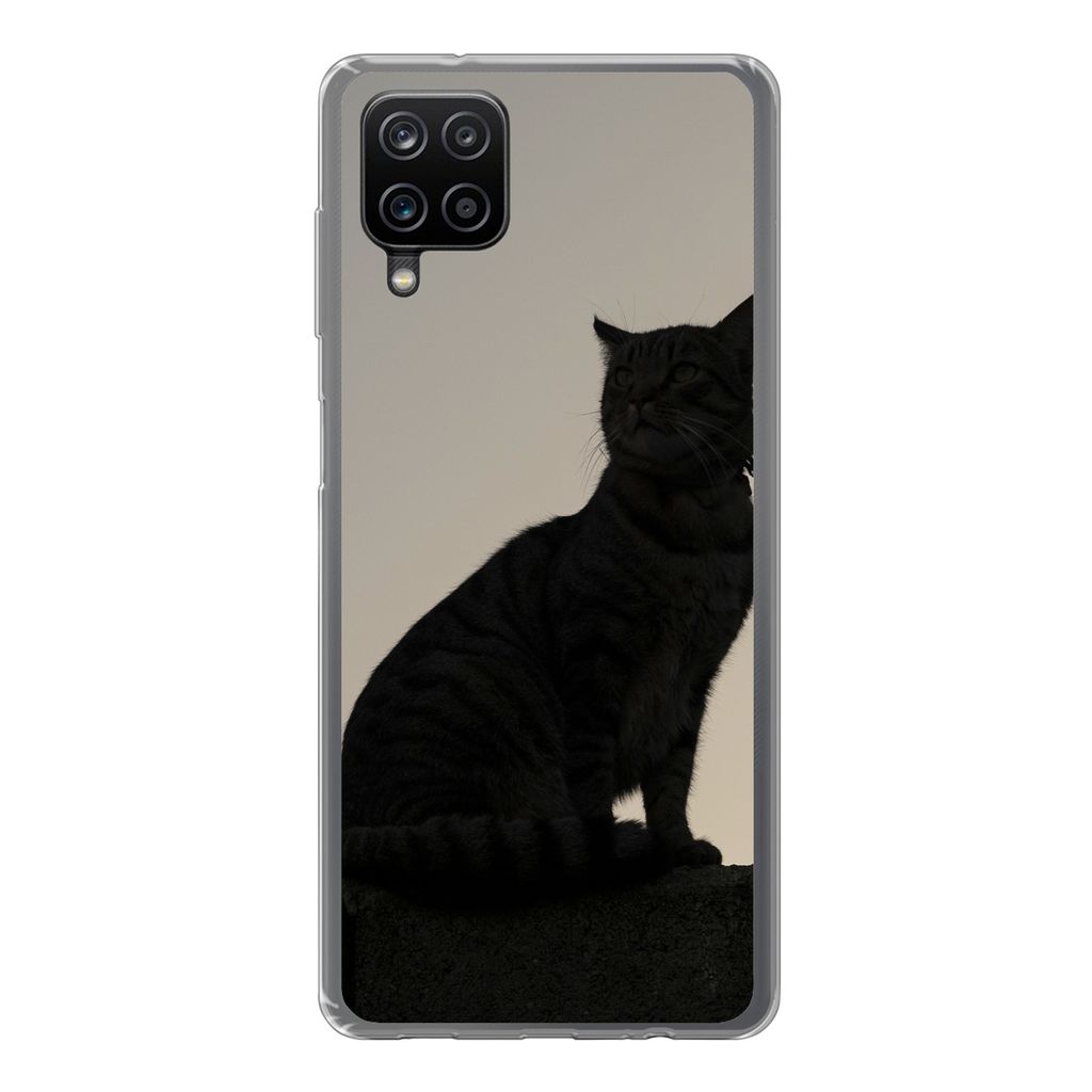 MuchoWow Handyhülle Schutzhülle Hülle für Samsung Galaxy A12 Katze - Dunkelheit - Zaun Silikon Softcase Handy Hülle - Bild