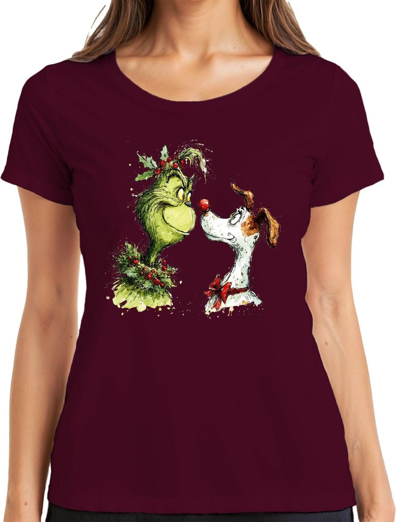 Grinch Weihnachten Max Hund rote Nase lustig Retro Damen T-Shirt, Burgundy, 3XL