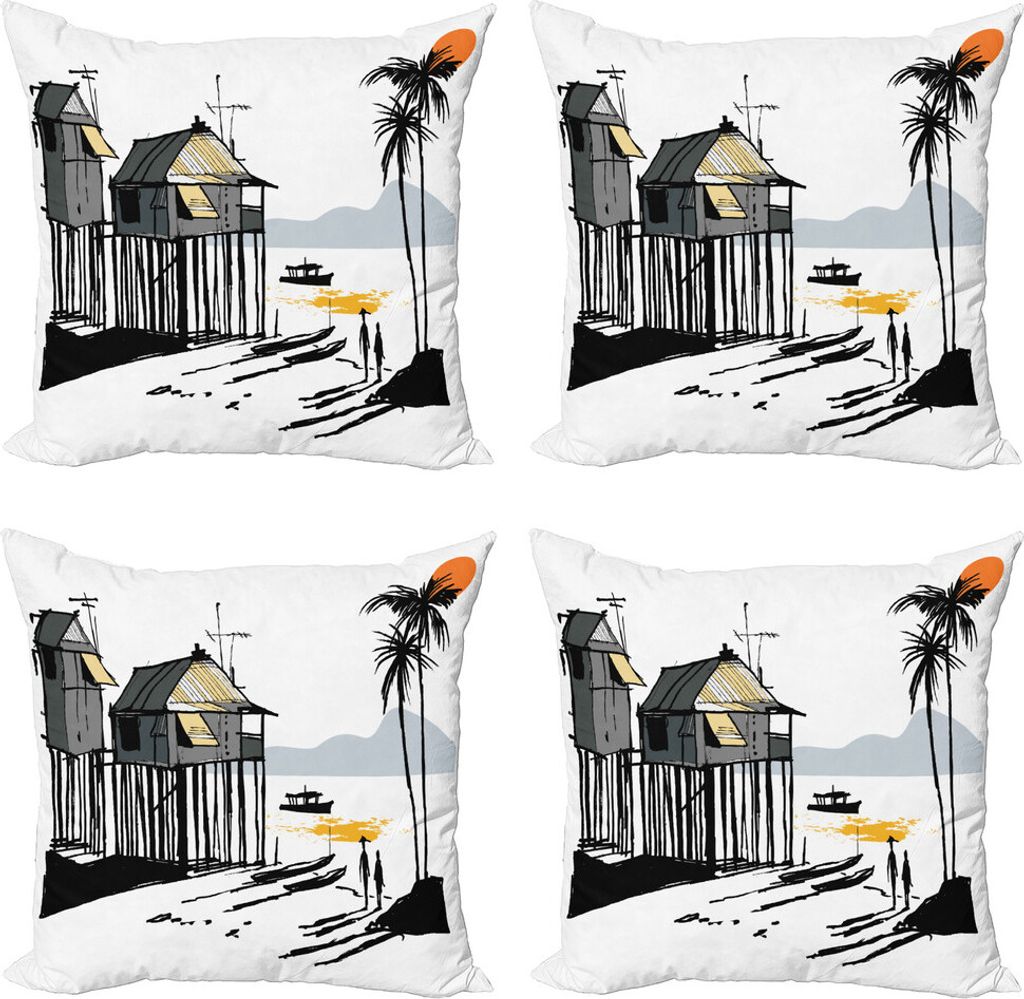 ABAKUHAUS Küsten Kissenbezug Set (4 Stück), Fischerdorf Malay, Moderner Doppelseitiger Digitaldruck, 40 cm x 40 cm, Schwarz Grau Orange