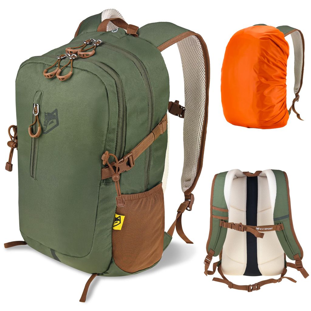 Wanderrucksack 25L Trekkingrucksack Herren & Damen, Titan-Core Nylon Outdoor Rucksack mit Regenschutz & Laptopfach, EVI SPORT Trailpack Army Green