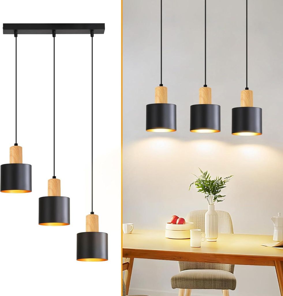ZMH Pendelleuchte Esstisch E27 Hängelampe Küchenlampe Hängend 3 Flammig Esszimmerlampe Schwarz Gold Hängeleuchte Höhenverstellbar Kücheninsel