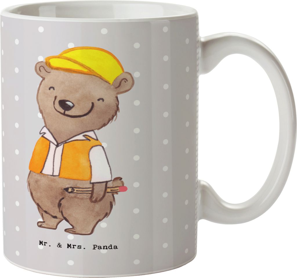 Mr. & Mrs. Panda Kaffeebecher Bauingenieur Herz - Grau Pastell - Geschenk, Teetasse, Keramiktasse, Helm, Studium, Orange Weste, Kaffeetasse, Tasse,...