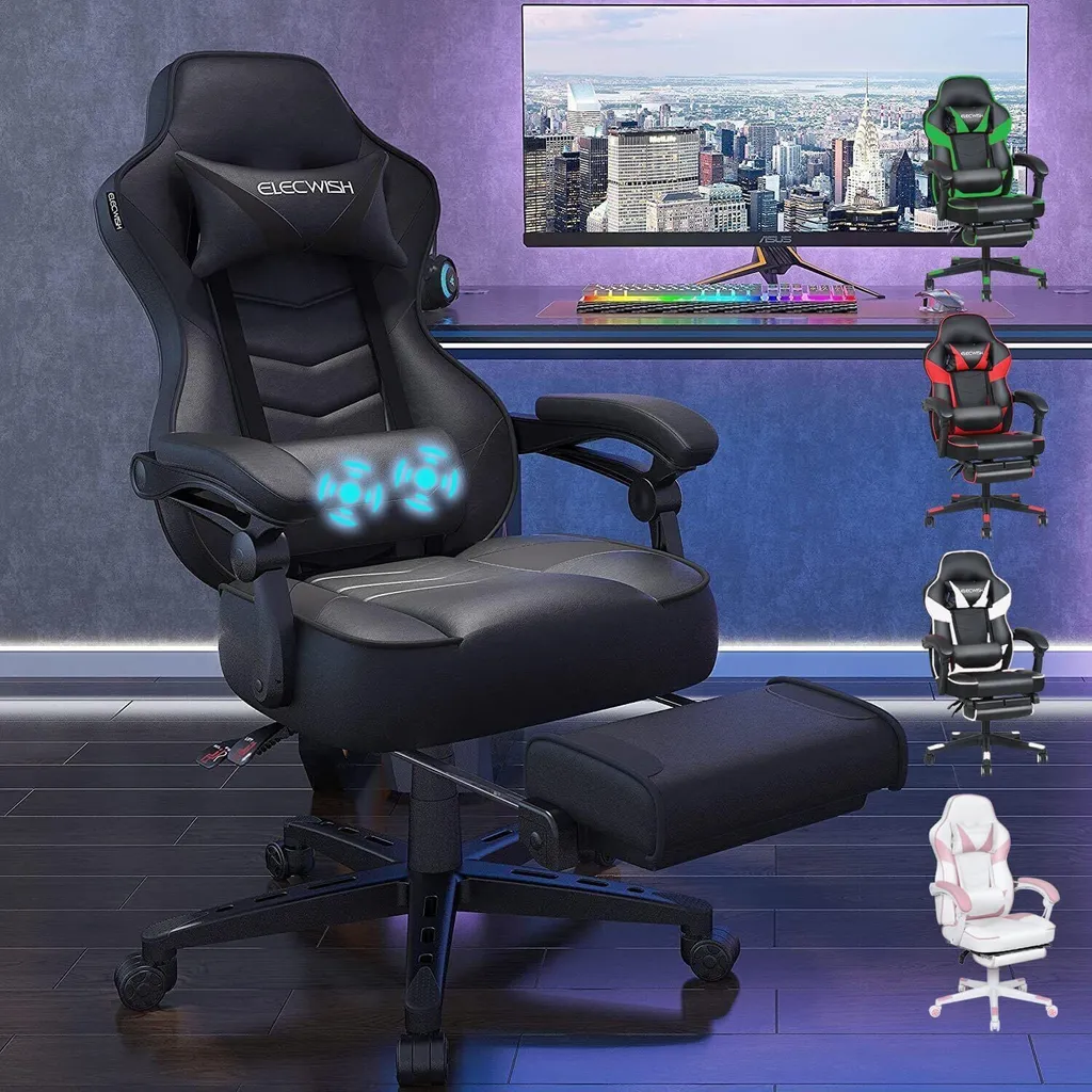 Puluomis Chaise de Jeu avec Massage et Repose-Pieds Noir Jusqu'à 150kg