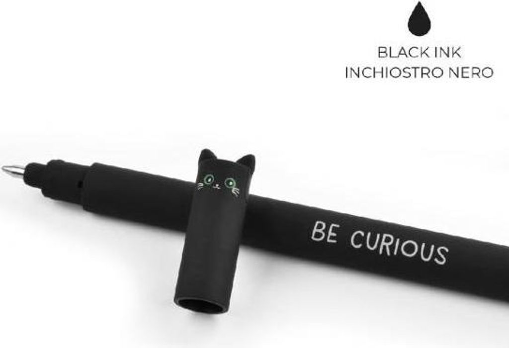 A black pen with a cat-shaped cap is shown with text overlays.