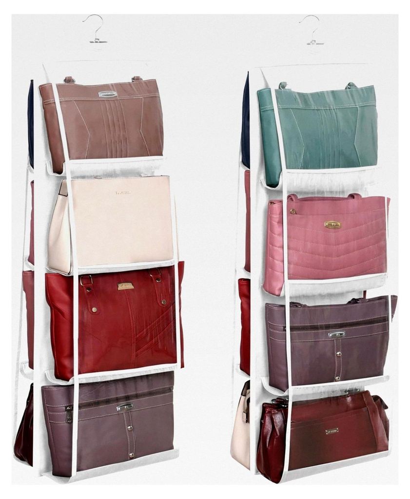Handtaschen Aufbewahrung (2er-Pack) - Faltbarer Organizer für Handtaschen in Weiß - Mit 8 durchsichtigen Kunststofffächern und stabilem Garderob...