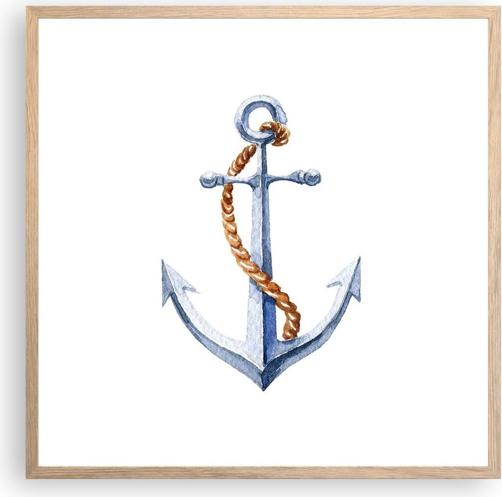 Gerahmtes Poster - Rahmen in heller Eiche - Anker Seil Segeln Meer - 60x60 cm - Wand Bild - Wanddeko - Wandbilder - Wandposter - Bilderrahmen - Bil...