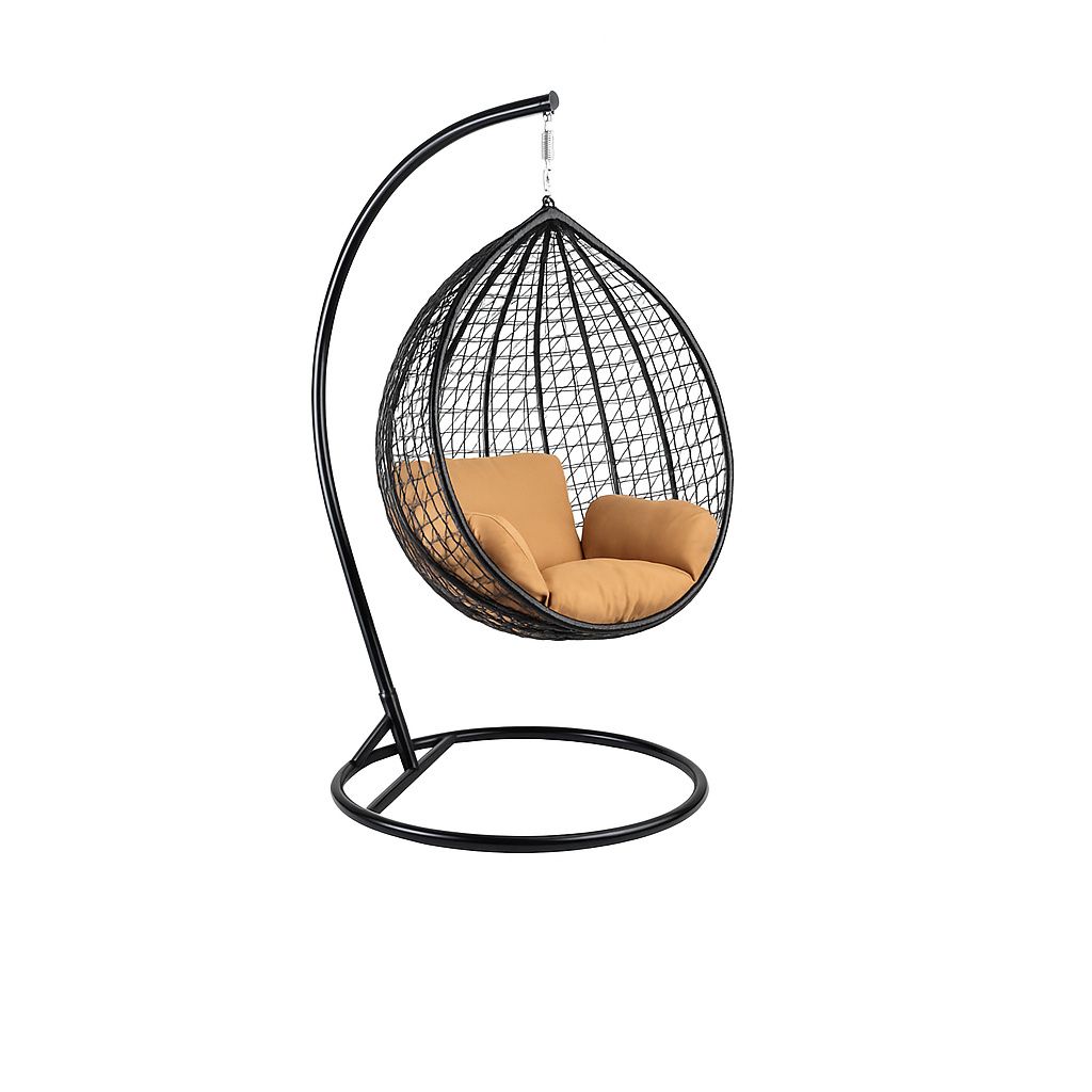 Bettso Polyrattan Hängesessel Relaxsessel Hängekorb mit Gestell Rattan Hängestuhl Sessel für Garten COBE Schwarz + Kissen Braun