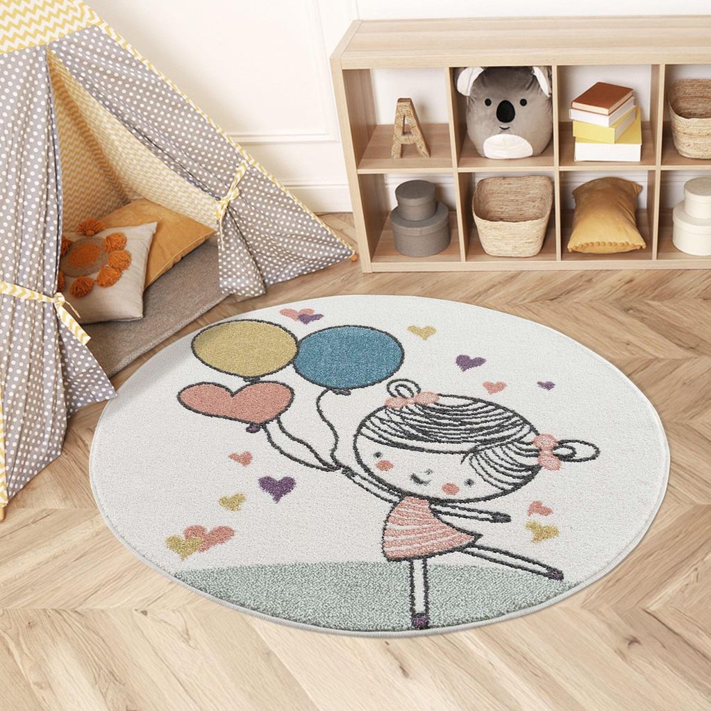 Kinderteppich - Mädchen Luftballon 120 cm Rund Creme Multi- Kinderzimmer Teppich Modern