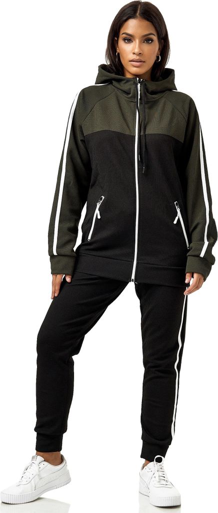 Damen Jogginganzug Freizeitanzug Sportlich 3750 Schwarz/Oliv XXL