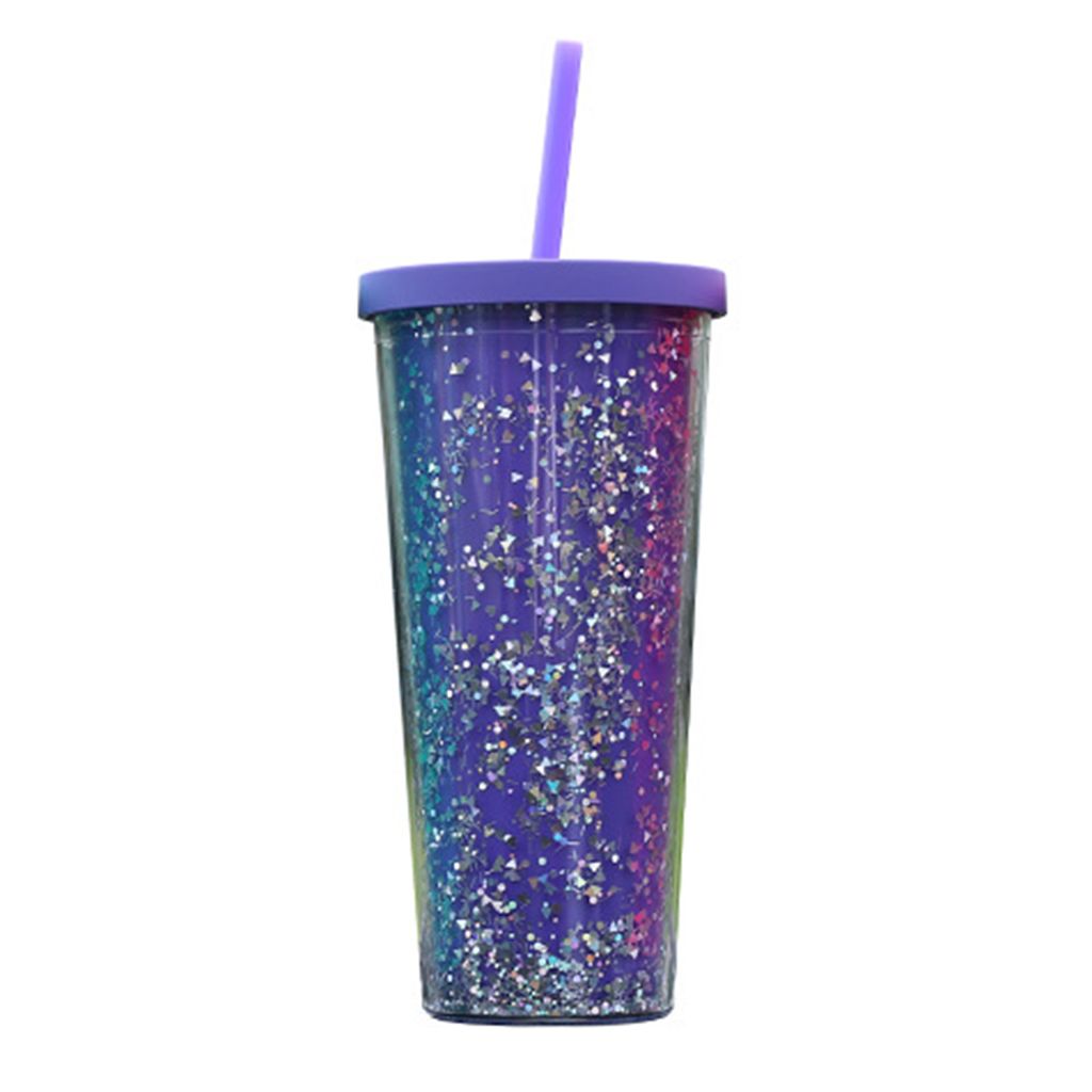24OZ/710ml Wasserbecher mit Strohhalm, glitzernd, doppelwandig, gewellter Rand, gerader Becher, Saft, Eiskaffeebecher, täglicher Gebrauch