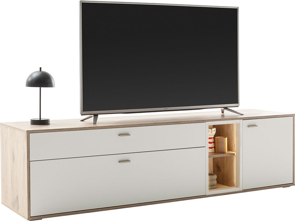 Wohnzimmer-Lowboard mit 199 cm Breite in Eiche und weiß, mit 2 Schubladen, 1 Tür, 2 offenen Fächern & LED-Beleuchtung - SAGUNTO-05