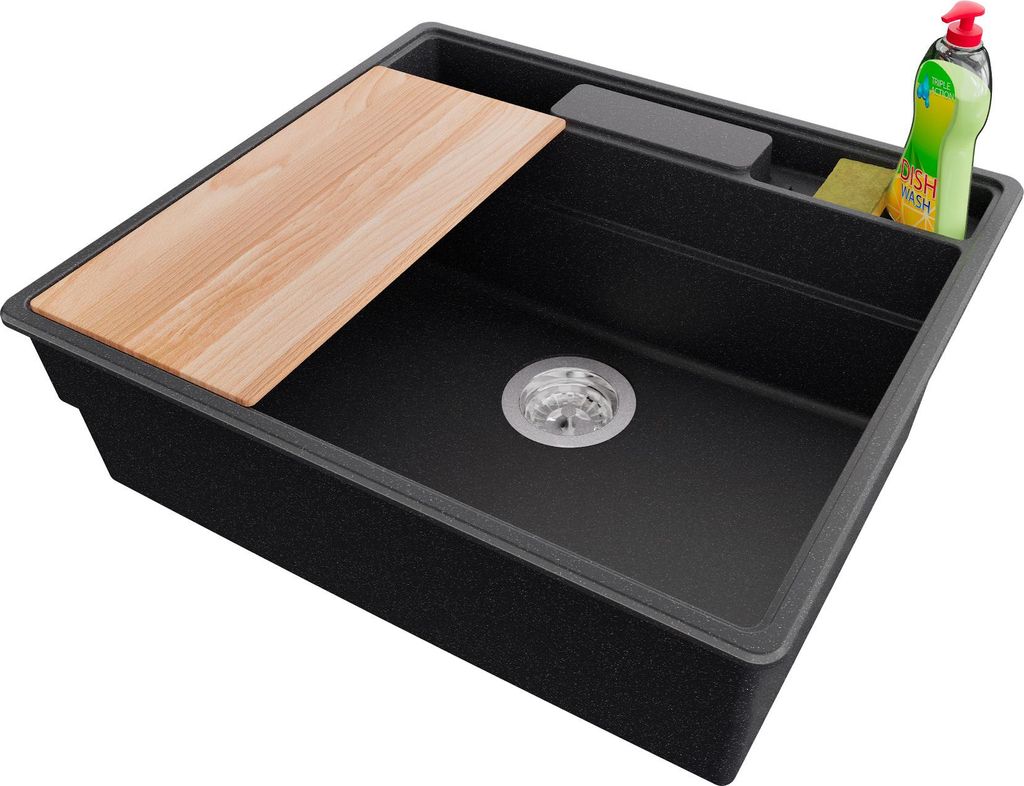 PRIMAGRAN Spülbecken Anthrazit 58x53cm, Granitspüle 1 Becken + Ablauf-Set + Küchenzubehörset, Küchenspüle ab 60er Unterschrank - New York