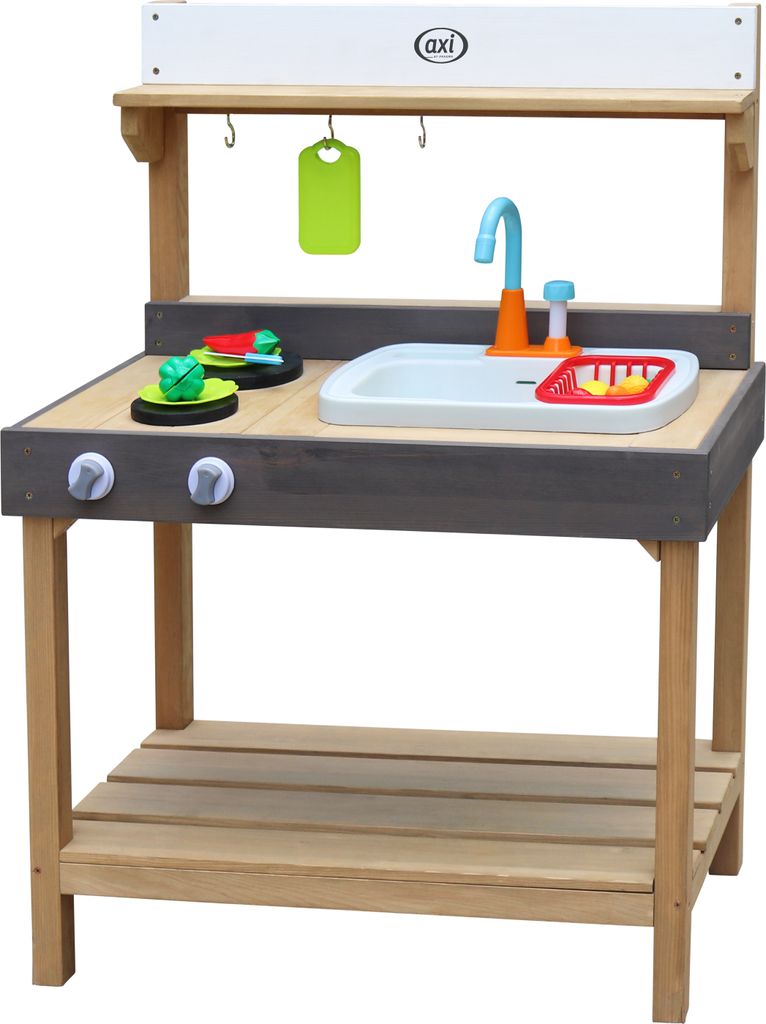 AXI Rosa Spielküche / Matschküche aus Holz | Multifunktionelle Spielzeugküche / Sandküche für Kinder mit 17 teiligem Zubehör Set | 40x75x100 cm