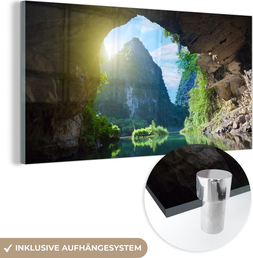 MuchoWow Glasbilder - Bilder auf Wandbild - Foto auf Glas Wasser - Höhle - Sonne - Natur - Pflanzen 120x60 cm Wanddekoration aus Glas - Acrylglasb...