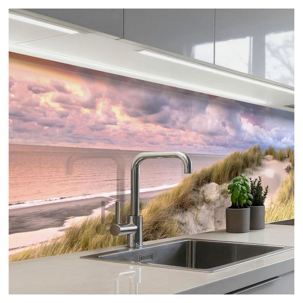 Küchenrückwand 60x250 cm Selbstklebend Küchen Wand Schutz Küchenfronten Rückwände Strand - Meer - Düne - Sonnenuntergang