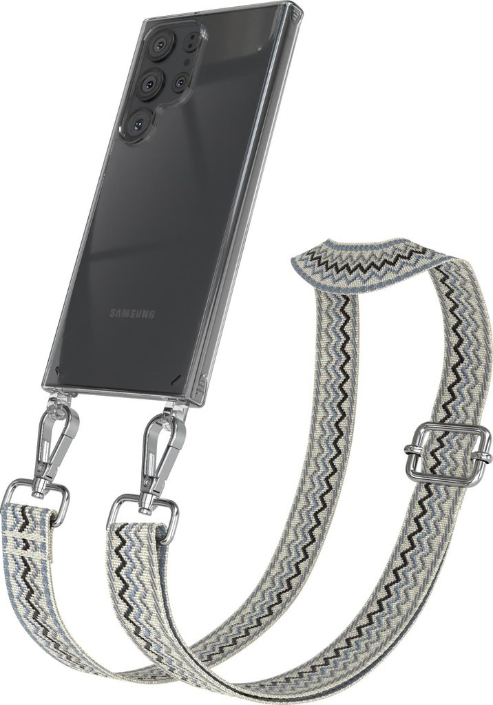 Samsung Galaxy S23 Ultra Chain Eyelets Slim Neck Strap Set Wave Style 07 Beige/Blue 03 Metall Silver