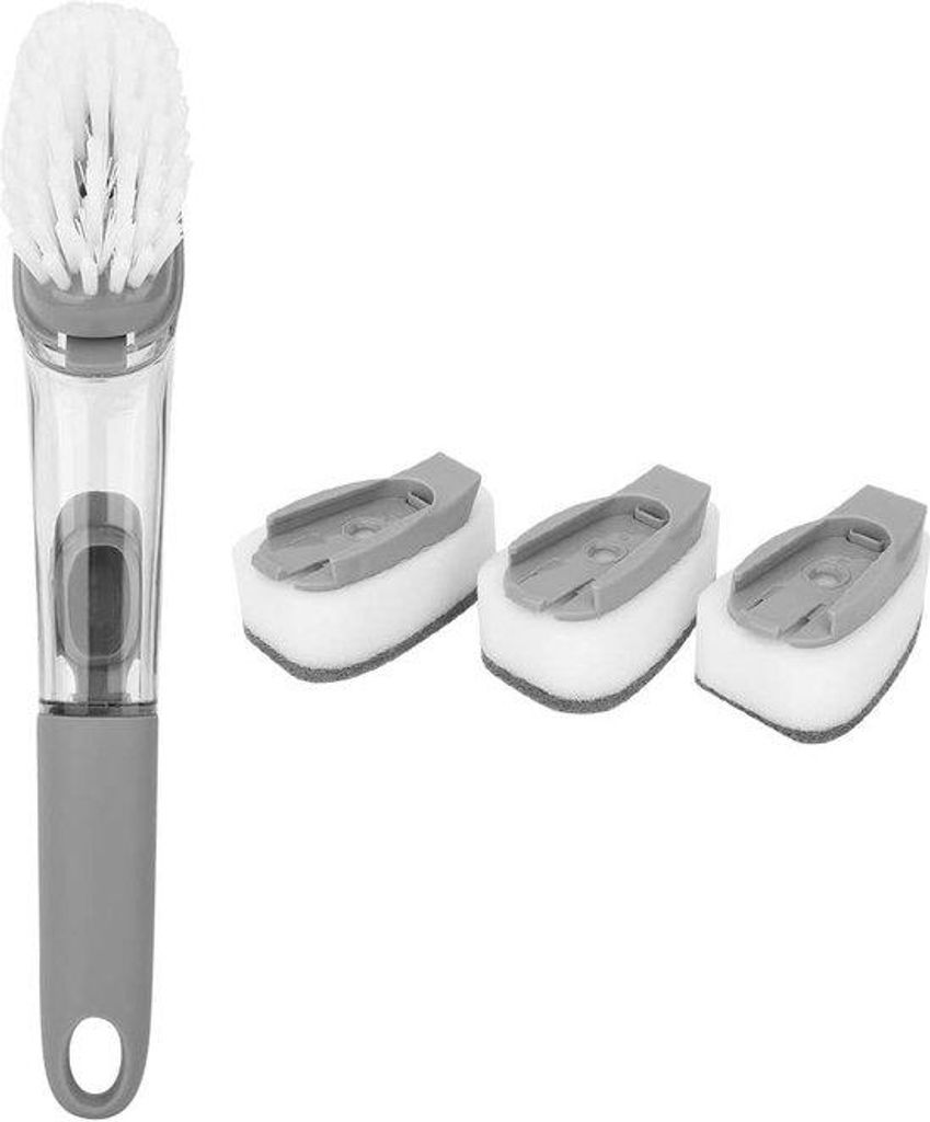 Multifunktionales Spülborstel mit Waschmittel-Dispenser, 3 wechselbare Bürstenköpfe, Flüssigkeits-Dispenser, Spülborstel-Set für die Küche