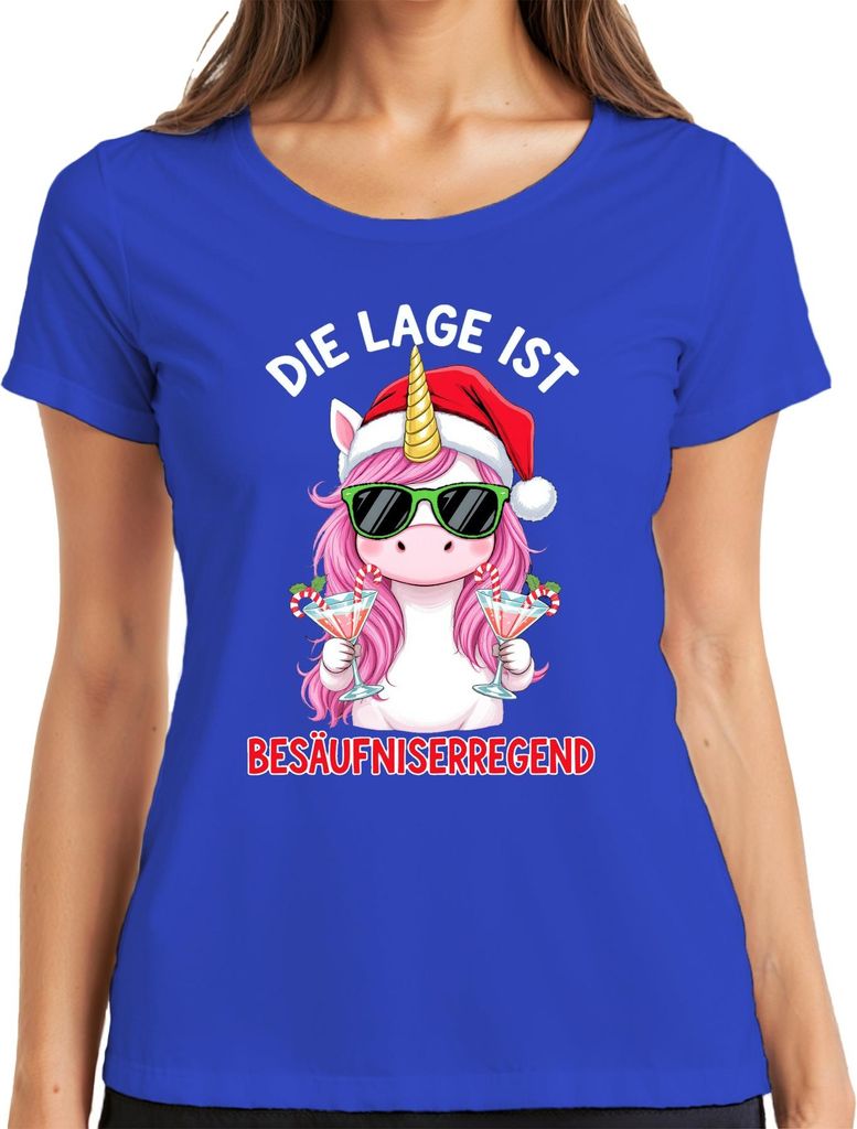 Die Lage ist Besäufniserregend Weihnachten Einhorn Saufen Damen T-Shirt, Blau, 3XL