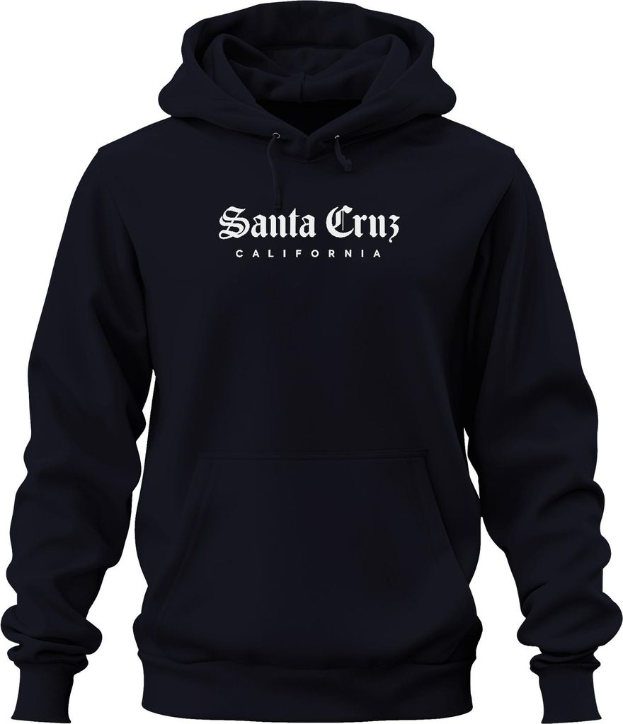 Santa Cruz California Surfen Skate Vintage OldEnglish Schrift Uni Hoodie Kapuzenpullover, Navy, XXL