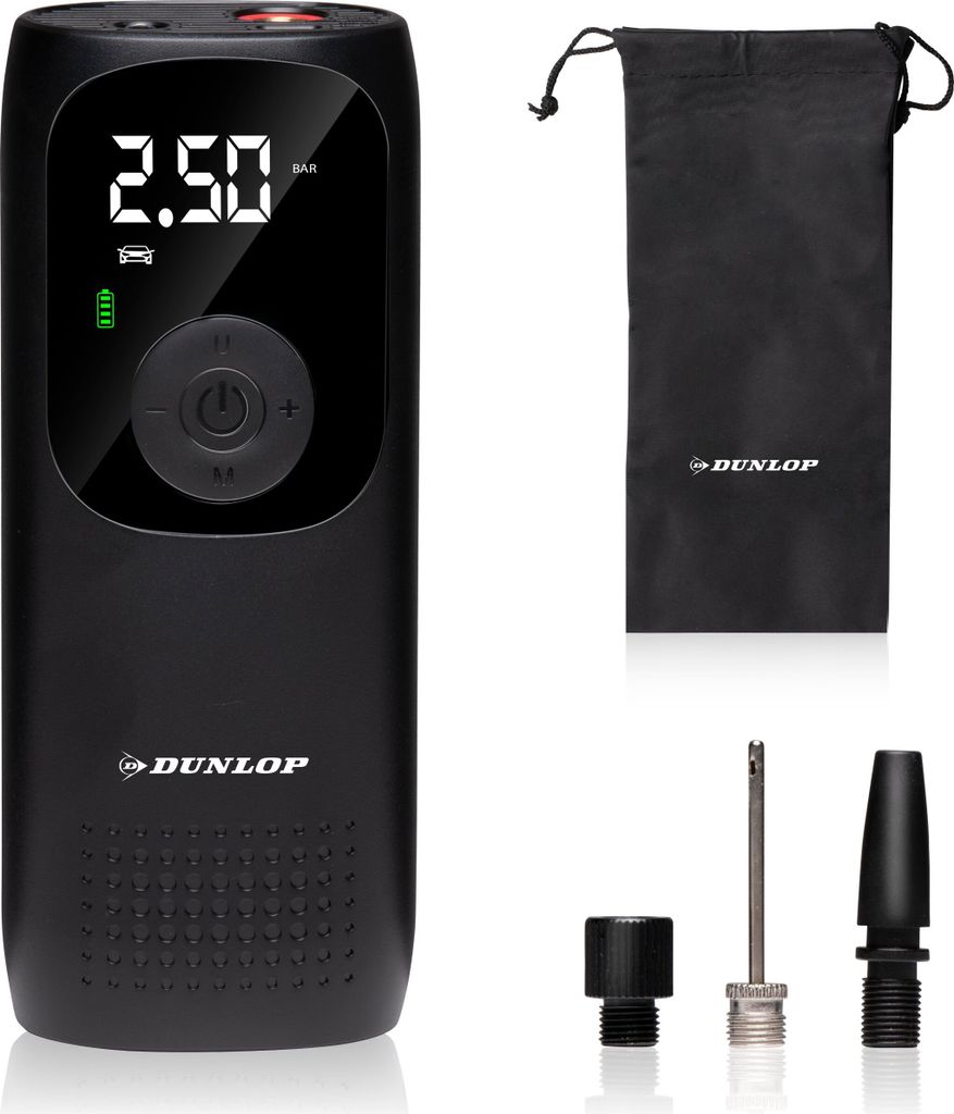 Dunlop Elektrische Luftpumpe Akku Kompressor mit USB-C - Fahrradpumpe alle Ventile - Kompressor 10 Bar - Schwarz