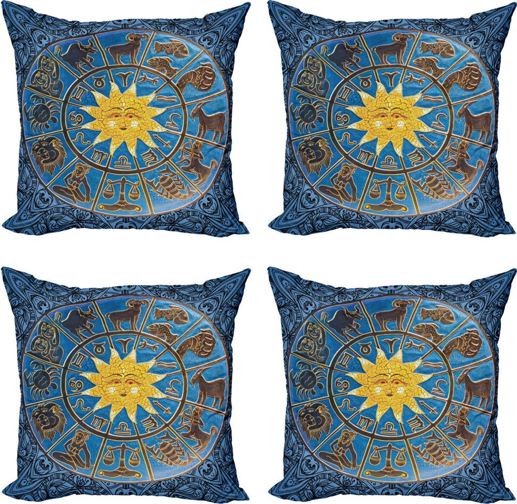 ABAKUHAUS Horoskop Kissenbezug Set (4 Stück), Sternzeichen Kreis Sun, Moderner Doppelseitiger Digitaldruck, 45 cm x 45 cm, Azure Blau Senf