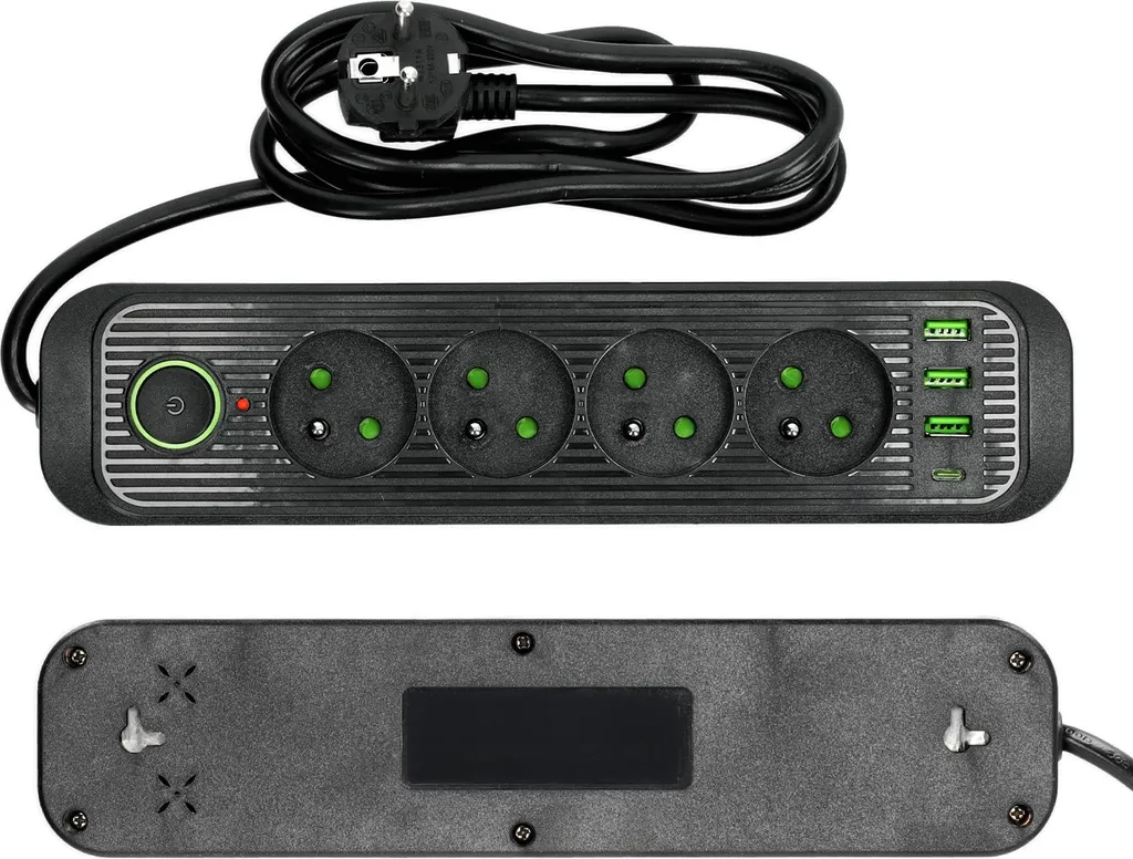 Multiprise noire 4 fiches avec chargeur USB et bouton marche arrêt