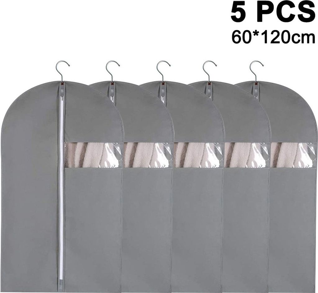 A set of five gray garment bags hanging side-by-side, each with a clear plastic window, against a white background.