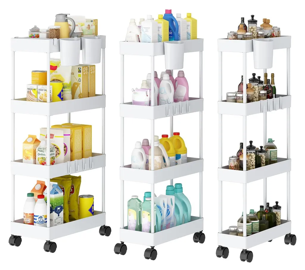 Chariot de rangement blanc à 4 niveaux avec roulettes pour petit espace