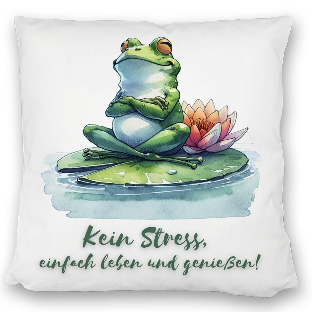Frosch auf Seerose Kissen satiniert mit Spruch Kein Stress einfach leben und