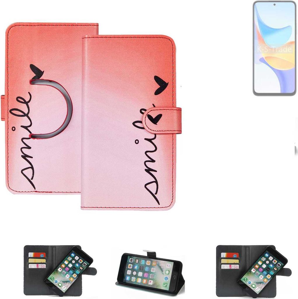 K-S-Trade Schutzhülle Handyhülle kompatibel mit Honor Play 50 Plus Hülle cover bookstyle Etui ''smile'' rot Standfunktion Kameraschutz (1Stk)
