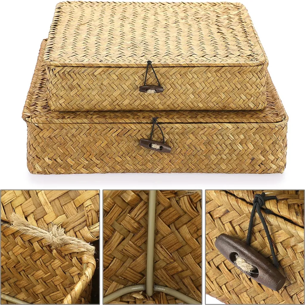 Rangement salle de bain en rotin caramel avec couvercle - lot de 2